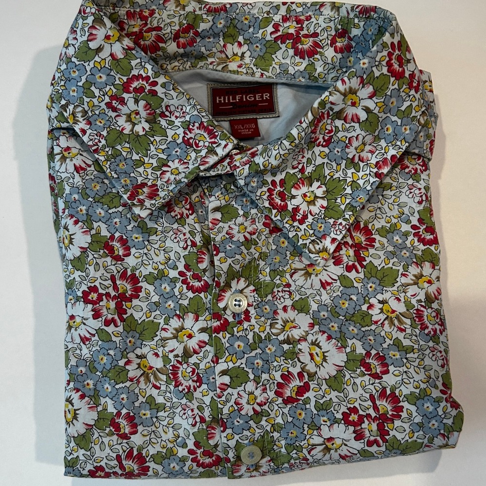 Tommy Hilfiger Red Label‎ Denim Long Sleeve Shirt XXL Flowers Contrasting Cuffs